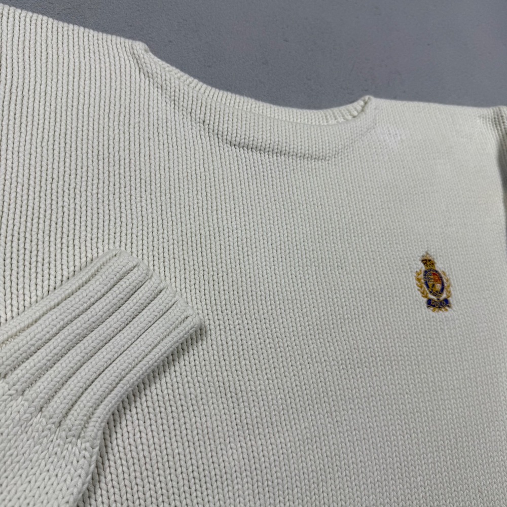 Vintage Polo Ralph Lauren Crest Knit Sweater Off White Navy Stripe Large Cotton